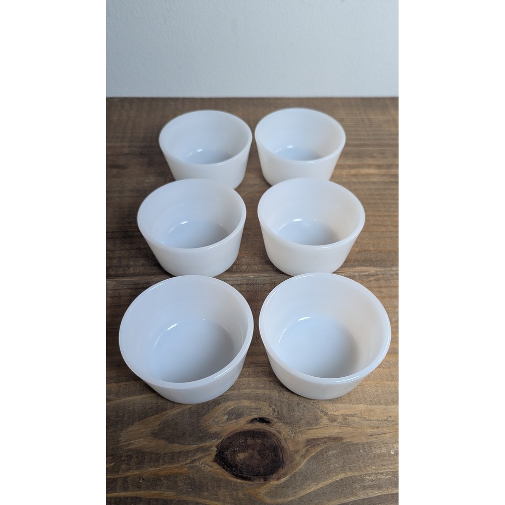 Vintage Glasbake Milk Glass Custard Cups Ramekins Set 6 White Round Heat Proof